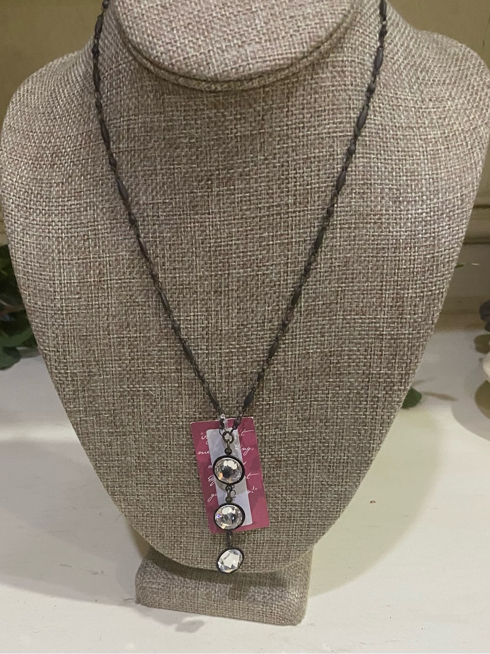 Pink Panache Bronze Triple Crystal Drop Pendant Necklace NWT
